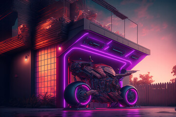 Motorcycle in neon rays near the garage in cyberpunk style AI