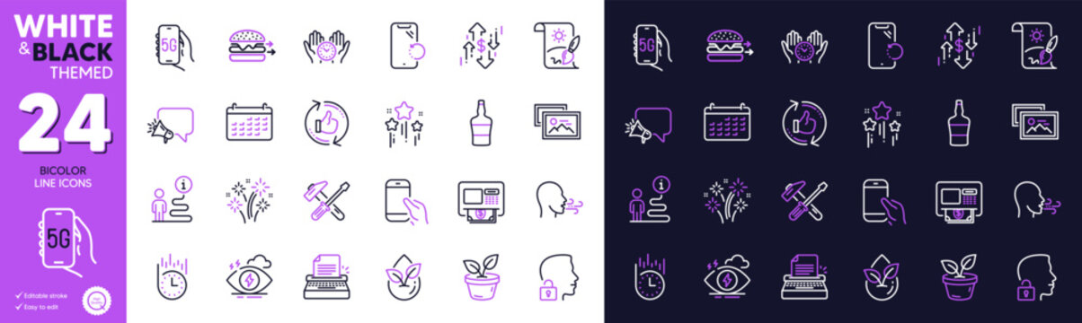 Support, Hold smartphone and Creative painting line icons for website, printing. Collection of Typewriter, Organic product, Smartphone recovery icons. Megaphone, Leaves. Bicolor outline icon. Vector