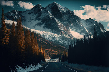 road leading to beautiful mountains covered with snow