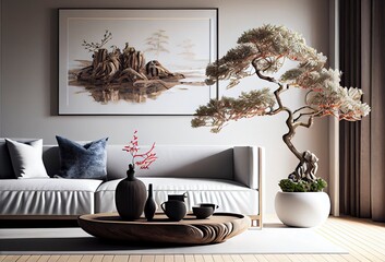 A frame mockup in a Feng Shui living room - obrazy, fototapety, plakaty
