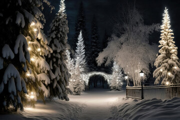 Obraz premium Snowy Christmas Trees with Decorations AI