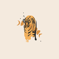 Hand drawn vector abstract graphic illustration celestial design concept with logo line silhouette art of mystic tiger animal,sun,moon and stars,isolated.Magic drawing tiger icon.Vector striped tiger.