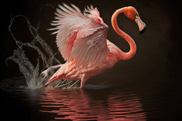 Pink flamingo dancing in the water. Digital art	
