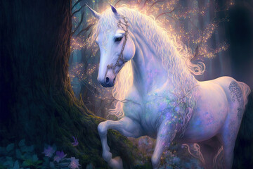 Naklejka premium Magic white horse in fairy forest. Spirit of the forest. Digital art