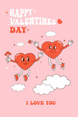 Retro groovy lovely hearts posters. Love concept. Happy Valentines day greeting card in trendy retro 60s 70s cartoon style. Vector illustration in pink red colors.  Groovy heart.  Card, postcard, prin