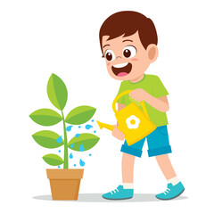 Cartoon character little cheerful boy with yellow watering can watering the plant
