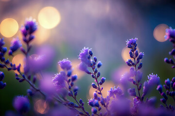 Selective focus on lavender flower in flower garden - lavender flowers lit by sunlight. Digital art