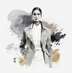 Beautiful young woman abstract fashion watercolor illustration. Fashion model. Sketch. Fashion woman. Generative AI