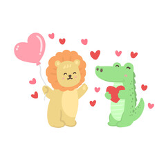 Lion in love with alligator animal, valentine's day illustration