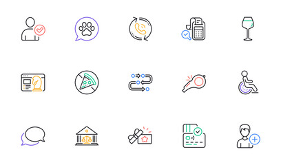 Prohibit food, Court building and Bordeaux glass line icons for website, printing. Collection of Bill accounting, Call center, Add person icons. Whistle, Seo strategy, Methodology web elements. Vector