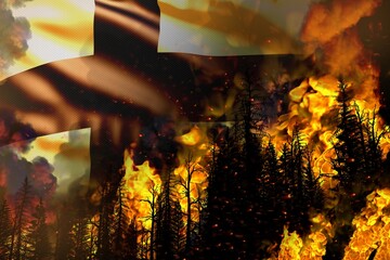 Forest fire natural disaster concept - infernal fire in the trees on Finland flag background - 3D illustration of nature