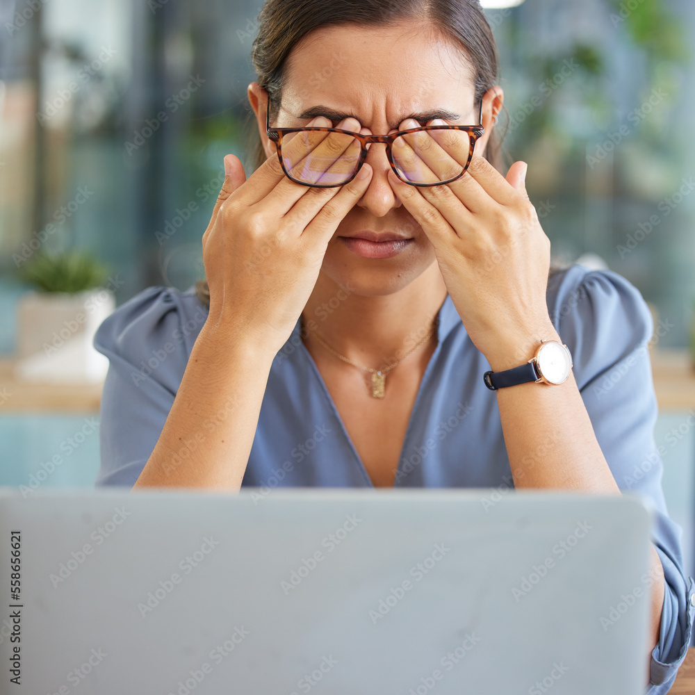 Sticker Tired corporate woman, laptop and eye pain with hands, glasses and stress at desk in finance office. Burnout, executive leader and headache by computer with mental health, problem or anxiety in Dubai