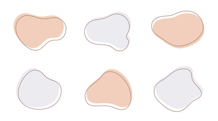 Abstract liquid shapes with geometric design elements in Memphis style. Vintage fluid shapes with lines. Set of curvy abstract blobs or stains for web design and typography. Vector