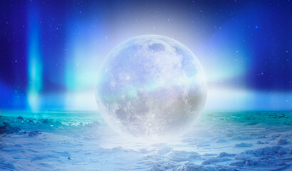 Fantasy landscape - Full Moon on the frozen sea coast with Aurora borealis 