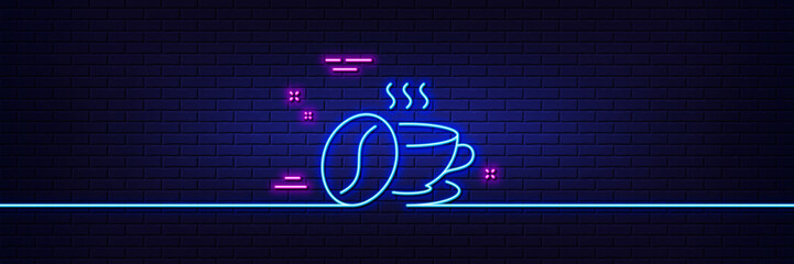 Neon light glow effect. Coffee cup with beans line icon. Hot cappuccino sign. Tea drink mug symbol. 3d line neon glow icon. Brick wall banner. Coffee cup outline. Vector