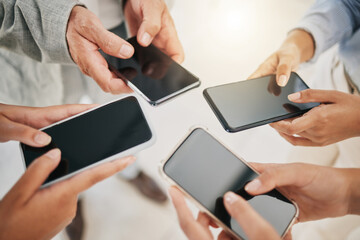Smartphone, business people and hands with mockup, corporate communication marketing and technology with collaboration. Mobile phone, internet and networking with teamwork, employee group and connect