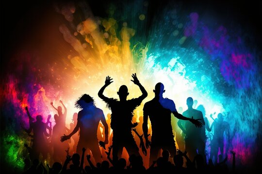 Silhouette of Young happy people are dancing in club. Nightlife, ai generated