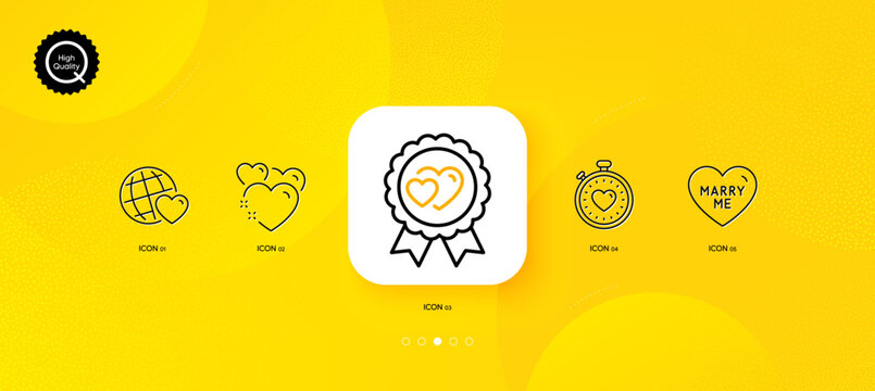Heartbeat timer, Love award and Heart minimal line icons. Yellow abstract background. Friends world, Marry me icons. For web, application, printing. Love stopwatch, Valentines day, Wedding. Vector
