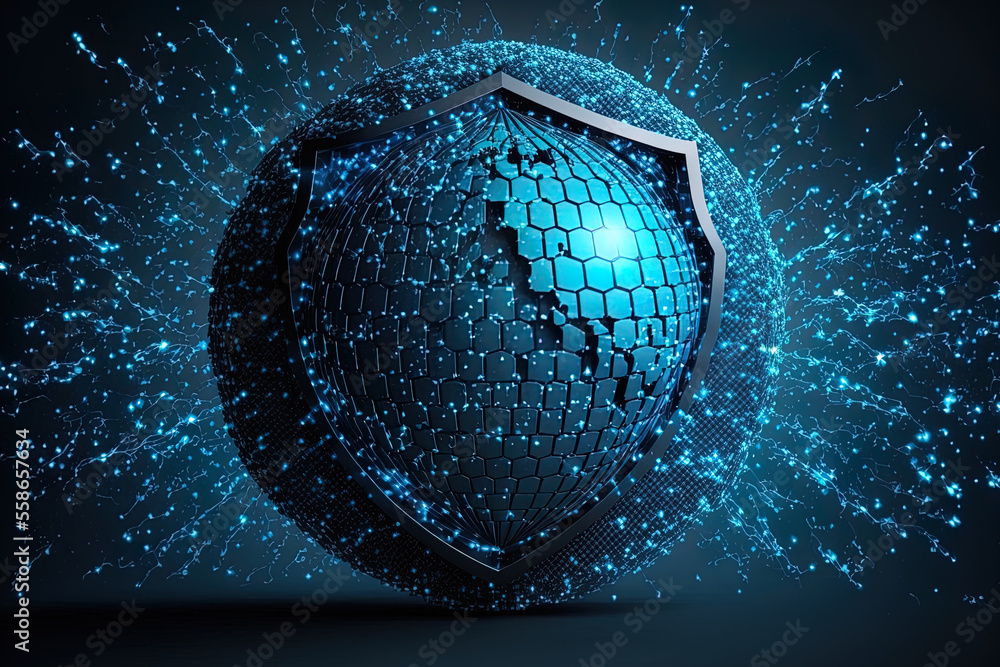 Poster creative blue global security and hackig backdrop with polygonal dots and connections malware safety