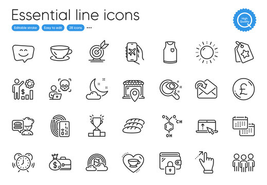 Winner podium, Wallet and Cyber attack line icons. Collection of Loyalty tags, Smile face, Target goal icons. Chef, Swipe up, Flight mode web elements. Night weather, Salary, Employees wealth. Vector