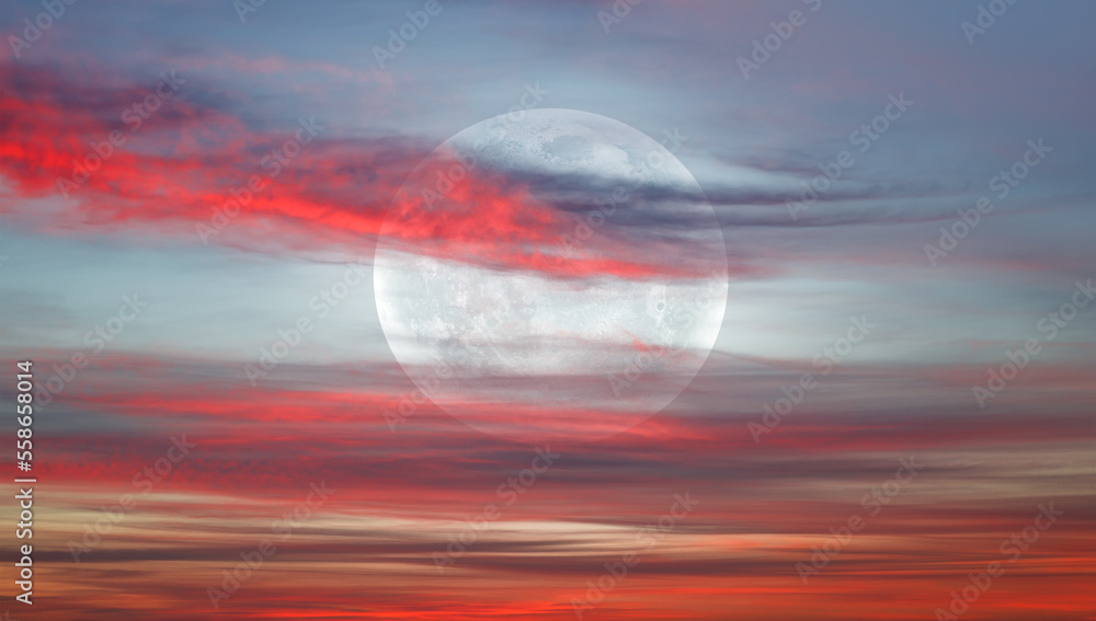Poster night sky with full bright moon in the clouds 