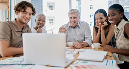 Laptop, online meeting and team speaking to their colleague on a video call in an office. Collaboration, discussion and business people planning a strategy together with a video conference call.