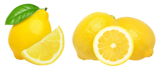 lemon fruit with leaves, slice, and half isolated, Fresh and Juicy Lemon, transparent png, PNG format, cut out