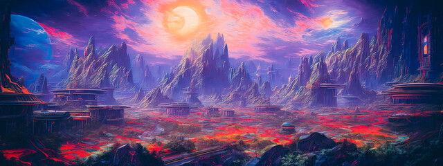 Fototapeta premium Abandoned space station on an unknown planet in a metaverse style, surrounded by a desolate landscape with remnants of advanced technology. Generative AI