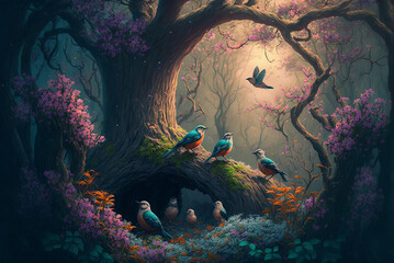 Fantasy forest scene with birds and flowers AI Generative	