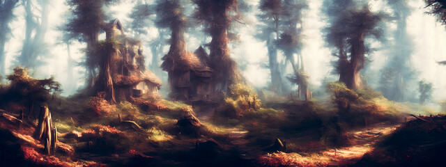 An old witch's cottage nestled deep in the forest. Generative AI