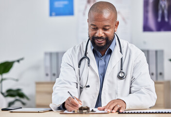 Doctor, medical office and black man writing notes, form or life insurance paperwork for planning...