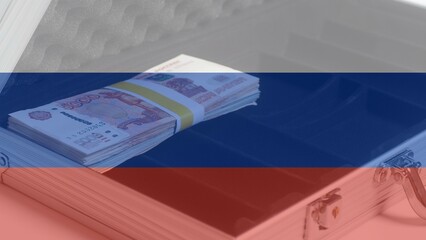 Money banknotes rubles on the Russian flag.