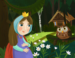 Obraz na płótnie Canvas cartoon princess near forest house illustration