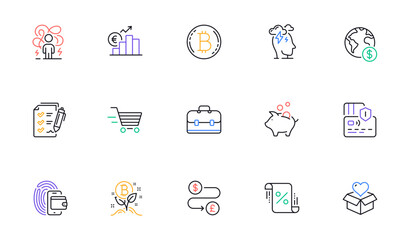 Loan percent, Bitcoin project and Difficult stress line icons for website, printing. Collection of Card, Portfolio, Wallet icons. Piggy bank, Survey checklist, Bitcoin web elements. Vector