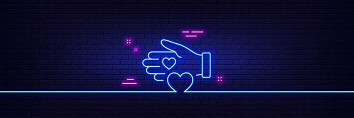 Neon light glow effect. Volunteer care line icon. Helping hand sign. Donation symbol. 3d line neon glow icon. Brick wall banner. Volunteer outline. Vector