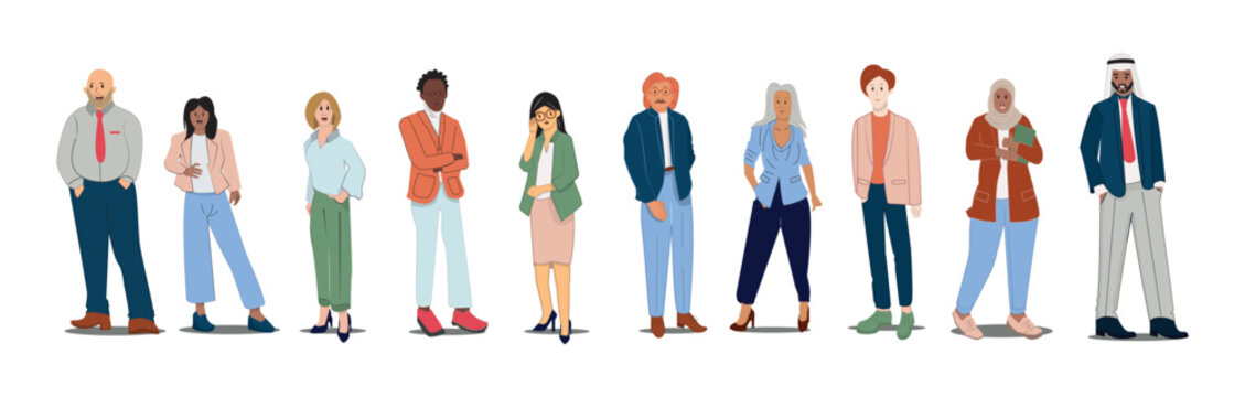 Diverse Business Men and Women Wear Formal Clothes Stand in Row. Confident Male and Female Characters Caucasian, Arab, African, Indian or Pakistan, Asian Ethnicity. Cartoon People Vector Illustration