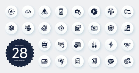Set of Science icons, such as Organic tested, Recovery devices and Cloud computing flat icons. Water splash, Green electricity, Settings web elements. Fake news, Pound money, Quick tips signs. Vector