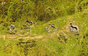 Grimspound Bronze Age enclosed settlement on Dartmoor north of Widecombe in the Moor. Aerial of interior showing several of the 24+ stone hut circles