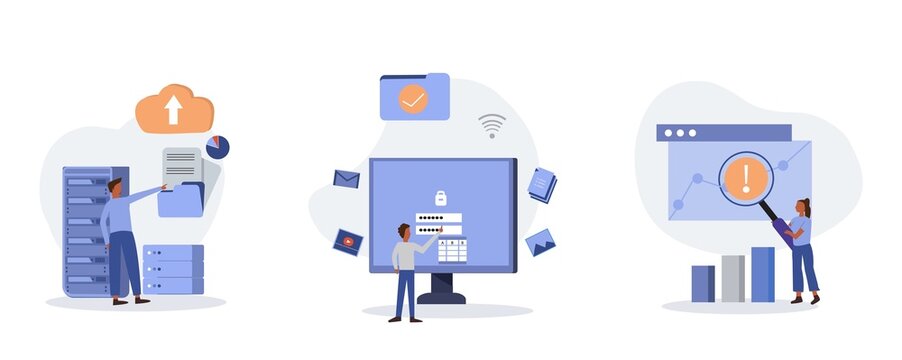 Printbig data and cloud computing illustration set business characters using remote servers to