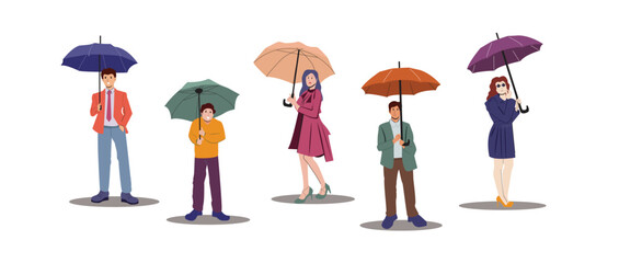 Set of people holding umbrella, wearing stylish clothes and walking under umbrella. Man and woman characters vector illustration.