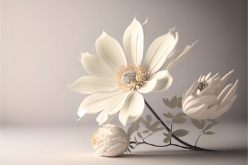 Beautiful white flower on a light background with copyspace. AI generated.