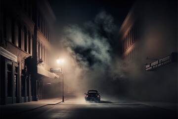 Dark gloomy empty street with smoke, smog, fog. AI