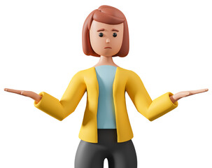 Confused puzzled woman spread her hands to the sides 3d illustration isolated on white background. 3d young woman character spread hands to the sides and looks confused