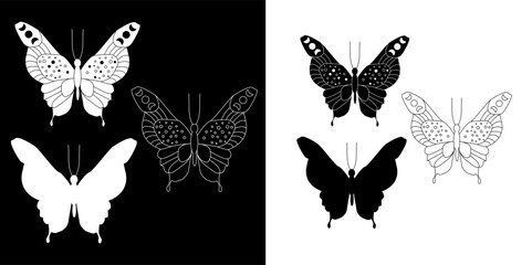  set of butterflies. Butterfly silhouette. Butterfly vector graphics. Butterfly carving, a set of shadows and lines, vector illustration.