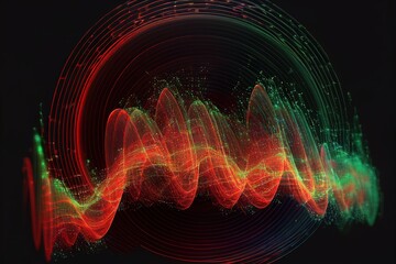 Sound wave lines trails flowing dynamic in red, green and yellow colors isolated on black background. Abstract futuristic background, digital and communication concept. Event flayer. Generative ai 