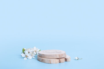 Wooden podium or pedestal with blossom twig on blue background. Mock up for cosmetic products
