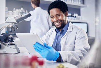 Scientist, research and black man with tablet, laboratory and innovation for healthcare, online...