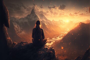 Fototapeta premium Silhouette of a girl in the mountains, doing yoga in nature high up, beautiful sunset, fantasy landscape. AI