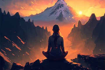 Silhouette of a girl in the mountains, doing yoga in nature high up, beautiful sunset, fantasy landscape. AI