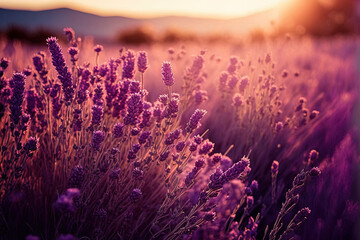 Lavender landscape with beautiful sunset. AI - obrazy, fototapety, plakaty